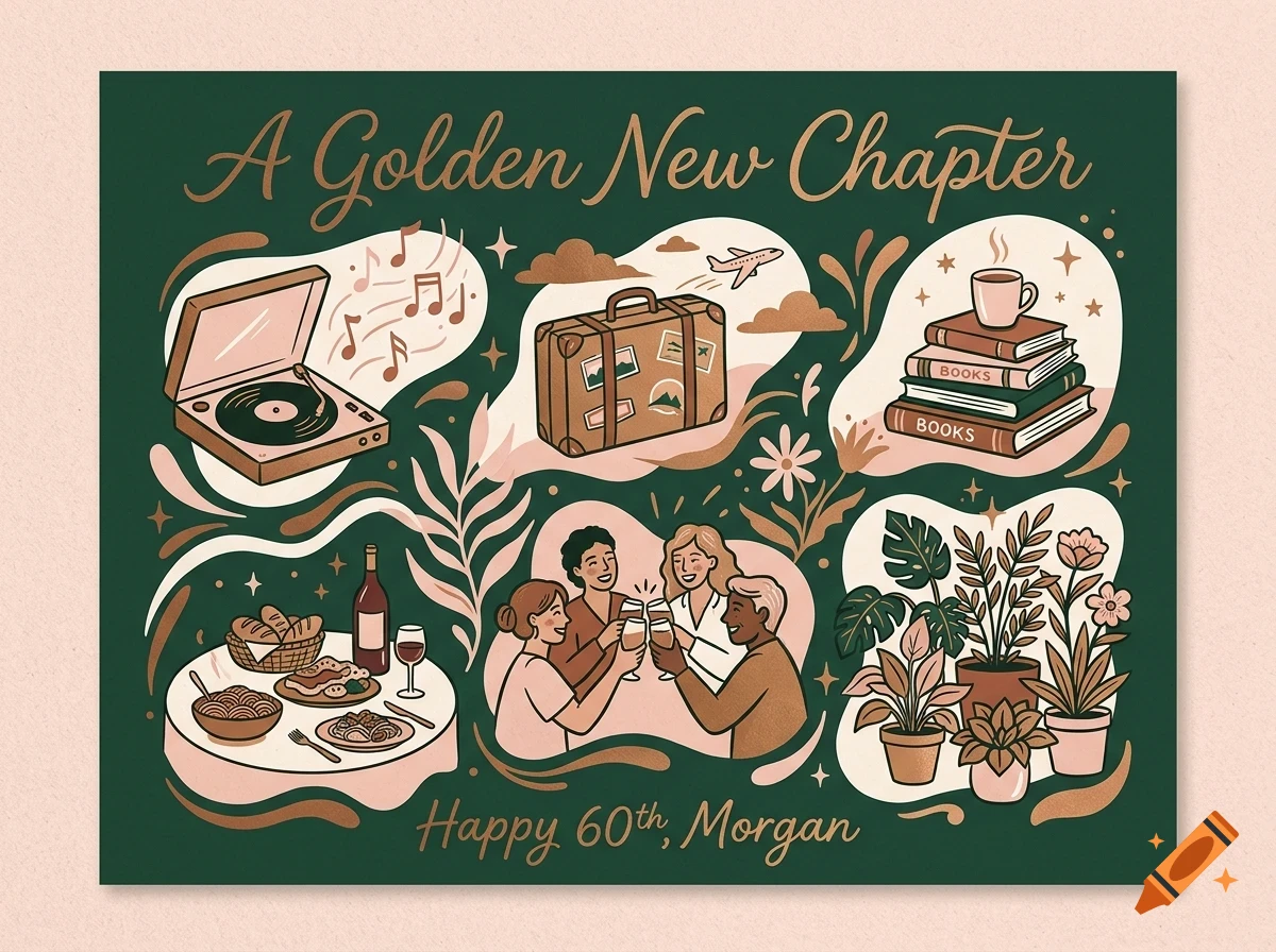 An illustrated greeting card featuring the text 'A Golden New Chapter' and 'Happy 60th, Morgan' with scenes of food, music, travel, and friends.