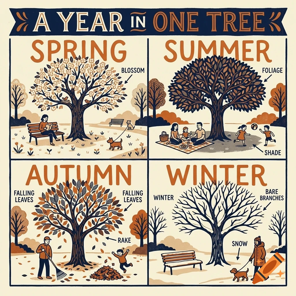 An educational illustration showing a tree across the four seasons: spring, summer, autumn, and winter, with labels and people engaging in seasonal activities.