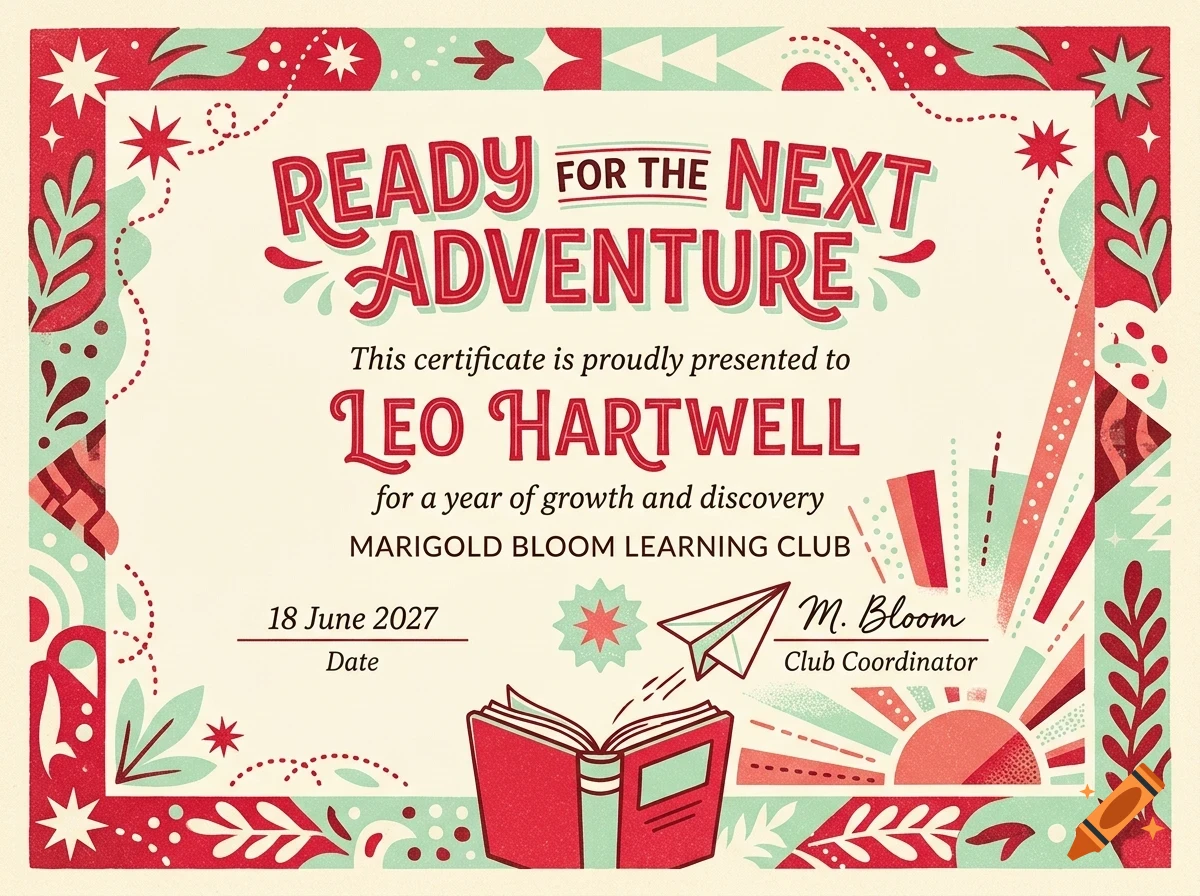 An illustrated certificate with red and green decorative border, featuring an open book and paper airplane illustration at the bottom, and text reading READY FOR THE NEXT ADVENTURE.