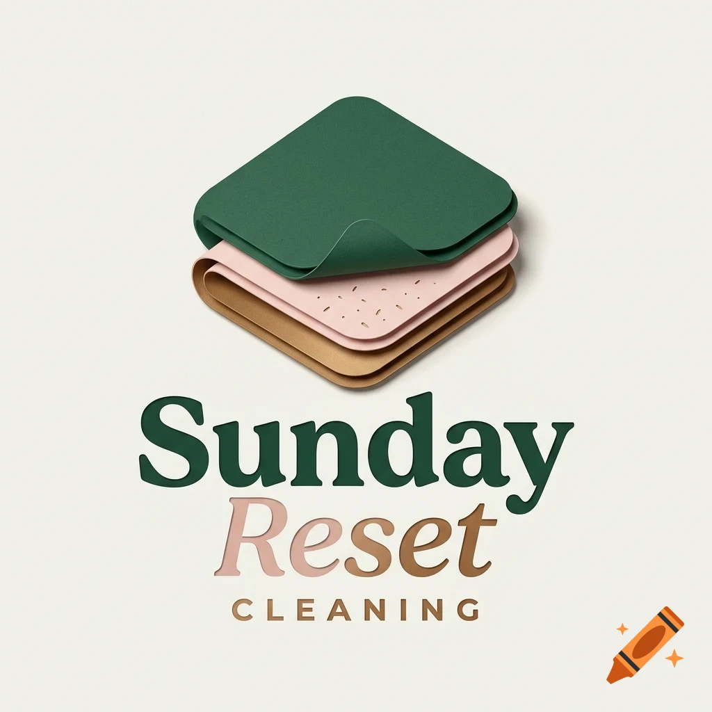 A stacked paper-like design with green, pink, and brown layers above the text Sunday Reset Cleaning.