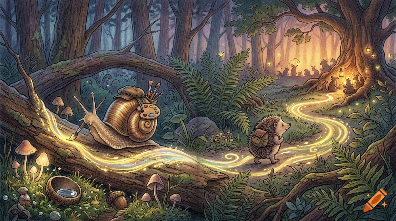 An illustration of a magical forest with a snail painting a glowing path on a log and a hedgehog walking along it.