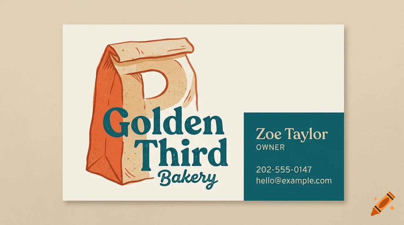 A business card featuring a drawing of a paper bag and the text Golden Third Bakery, along with contact details for Zoe Taylor.