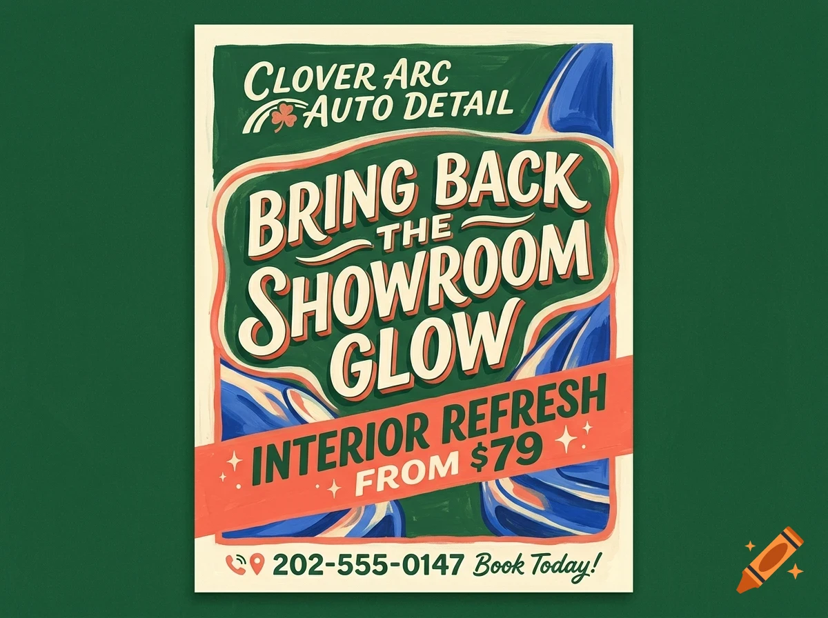 An auto detailing service poster with retro lettering reading Clover Arc Auto Detail and Bring Back the Showroom Glow.