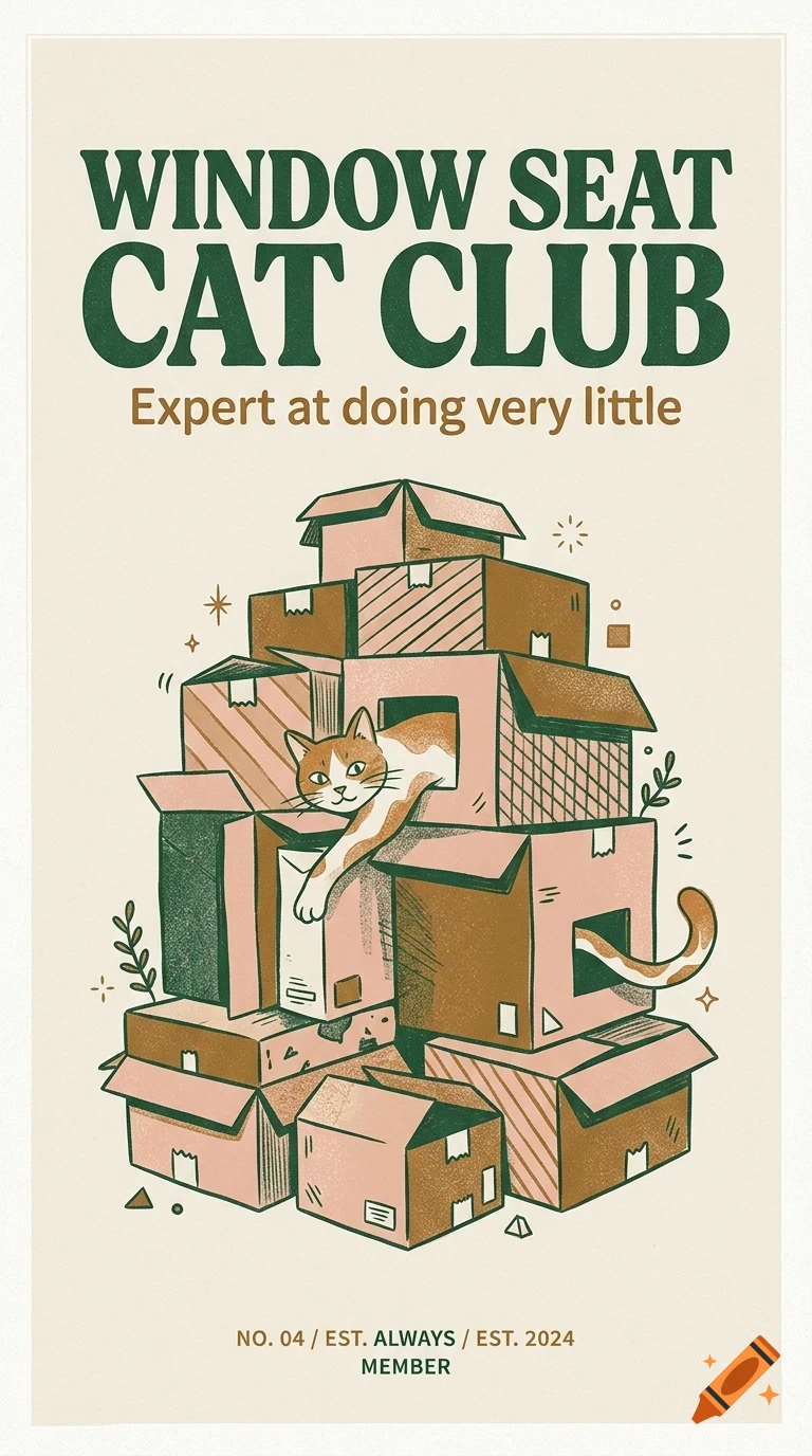 An illustration of a cat peeking out of a stack of cardboard boxes with the text WINDOW SEAT CAT CLUB.