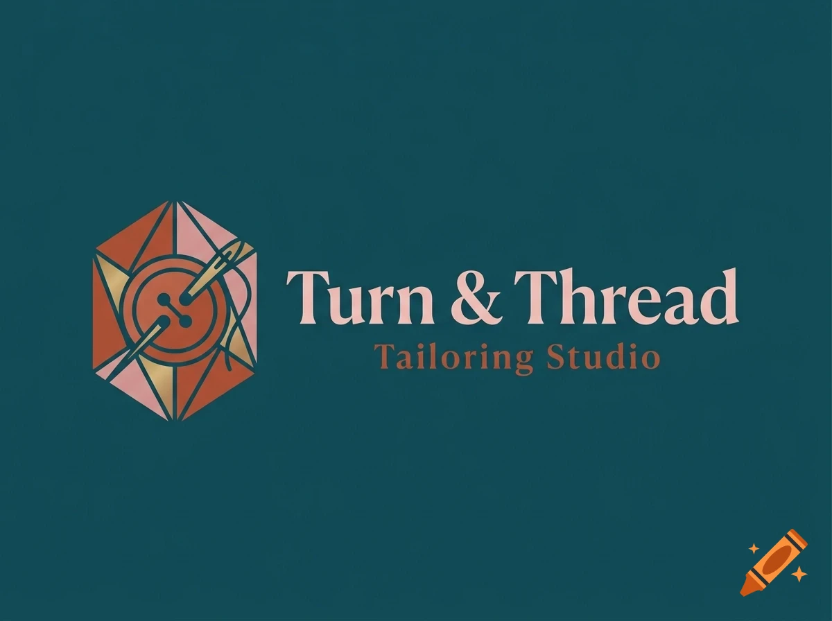 A logo for Turn & Thread Tailoring Studio featuring a button and needle inside a geometric hexagonal frame against a dark teal background.