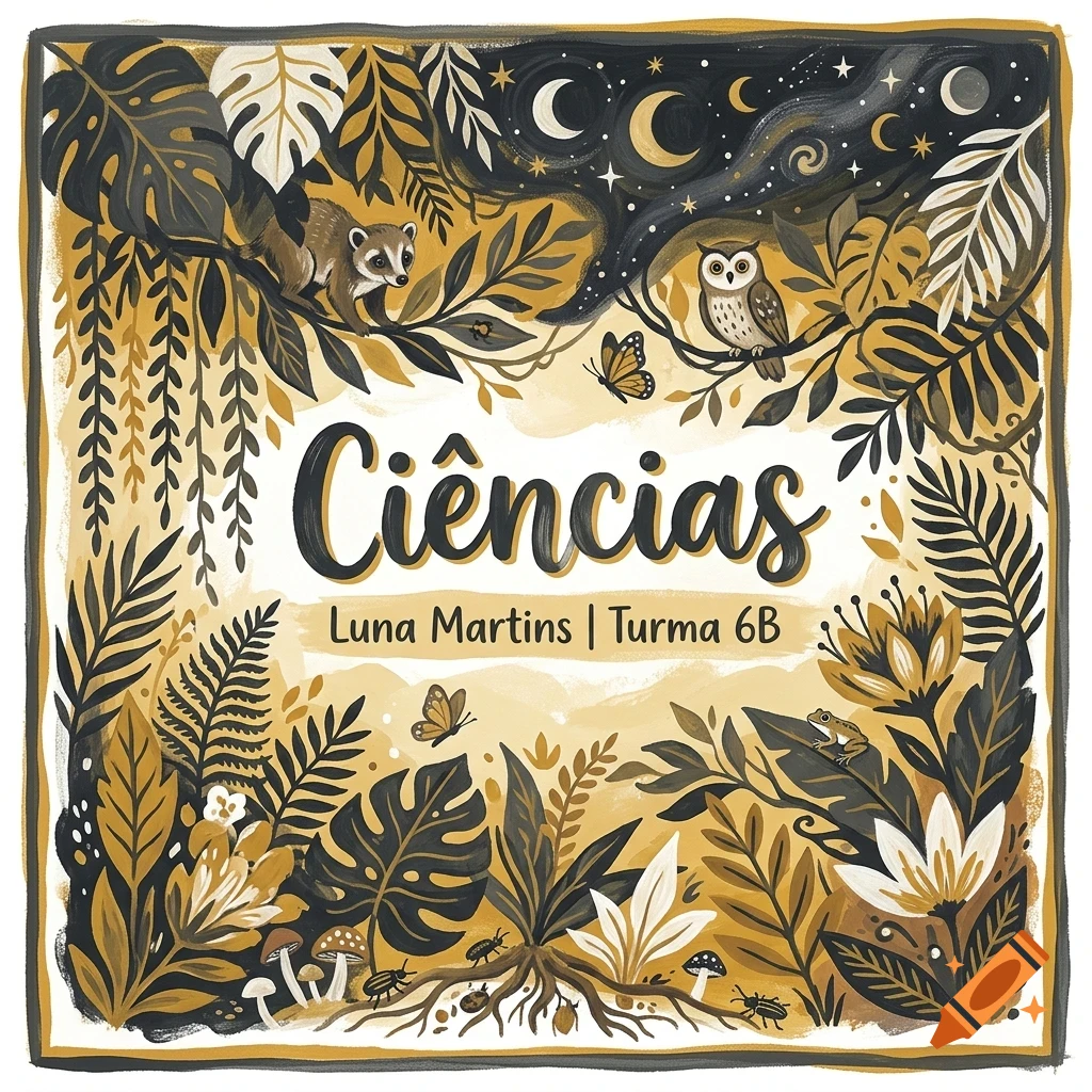 An illustrative square composition featuring nature elements like plants, fungi, animals, and the word Ciencias written in the center.