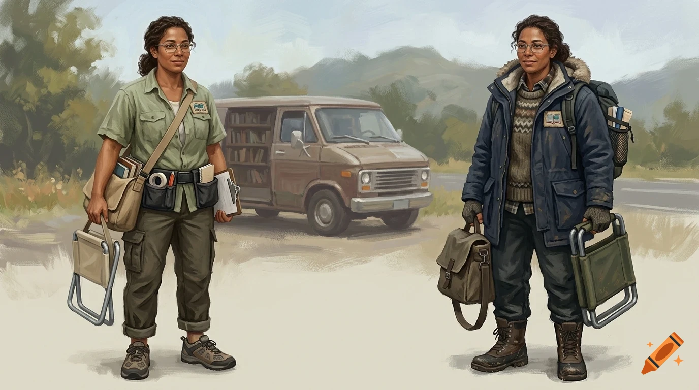 Illustration of the same woman in two different outfits standing next to a parked brown van with open doors showing books.