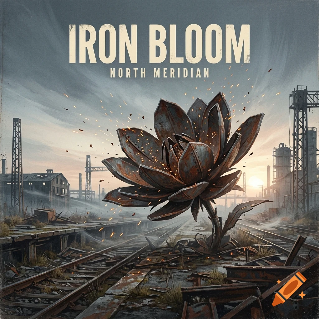 An industrial landscape featuring a large metallic flower growing amidst rusted railway tracks and debris, with the text 'IRON BLOOM NORTH MERIDIAN' above.
