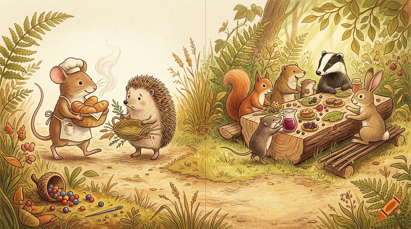 An illustrated woodland scene with anthropomorphic animals gathering food and having a picnic.
