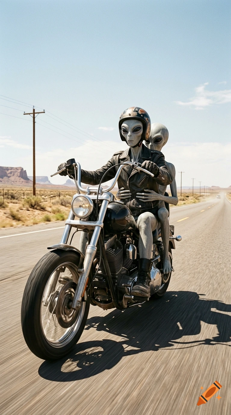 Photorealistic image of two tall grey aliens riding a Harley cruiser chopper down a desert highway.