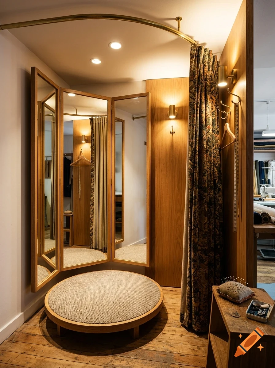 An interior view of a boutique fitting room with a three-panel wooden mirror, circular rug, and curtain.