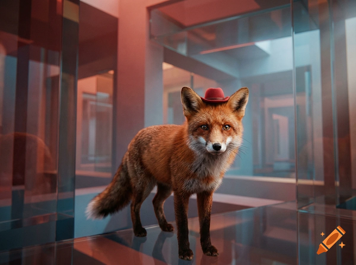 Photorealistic red fox wearing a small red hat, standing on a reflective glass platform in a surreal multi-dimensional architectural space.