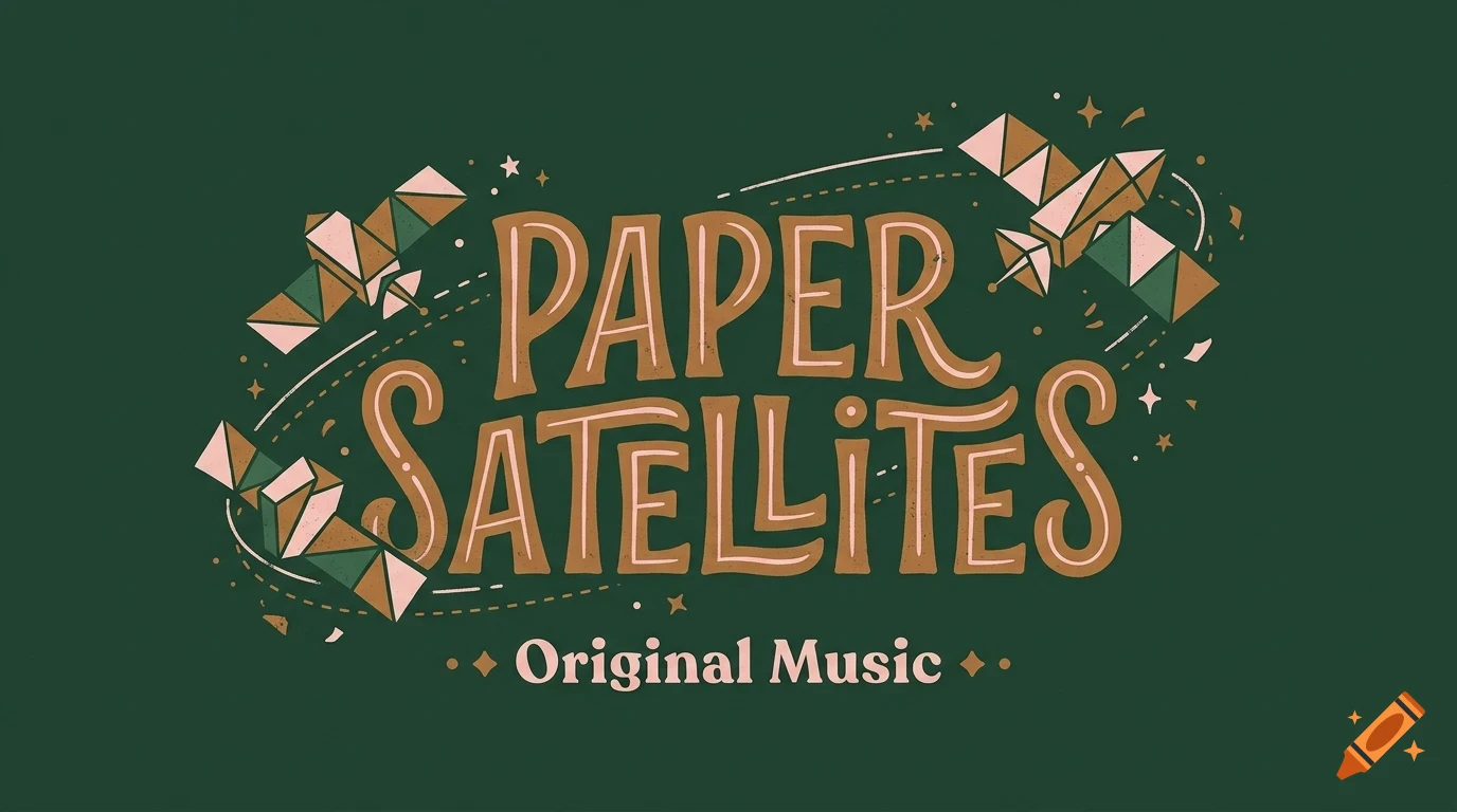 Illustration with the text 'Paper Satellites' and 'Original Music' accompanied by geometric satellite drawings on a dark green background.