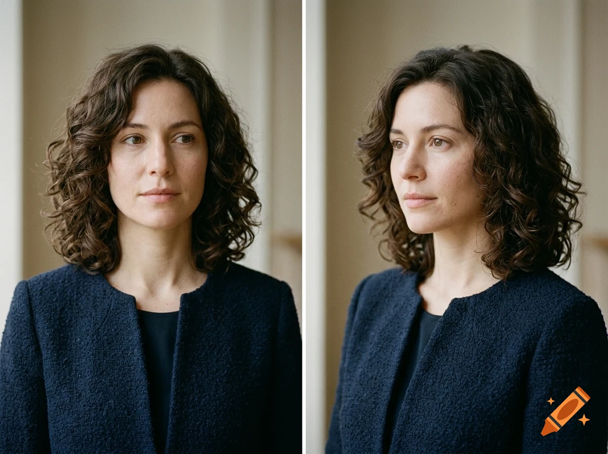 Two-panel portrait of a woman with shoulder-length curly brown hair wearing a dark blue jacket.