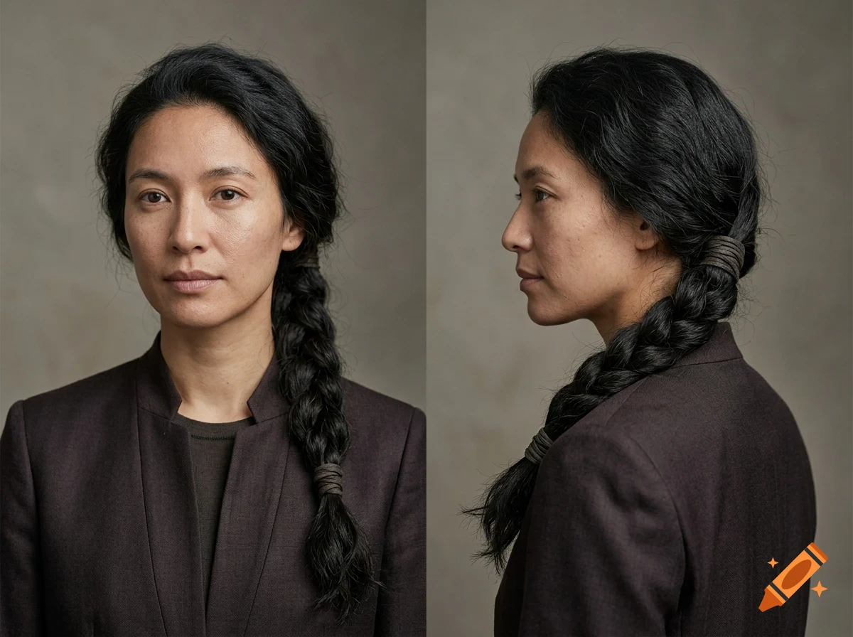 Front and profile portraits of a woman with dark hair in a braid, wearing a dark blazer.