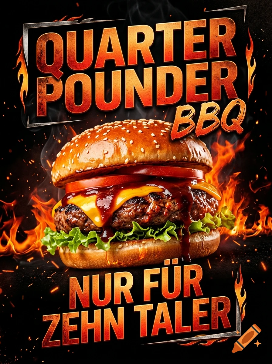 A promotional poster for a Quarter Pounder BBQ burger with flames and German text on a dark background.