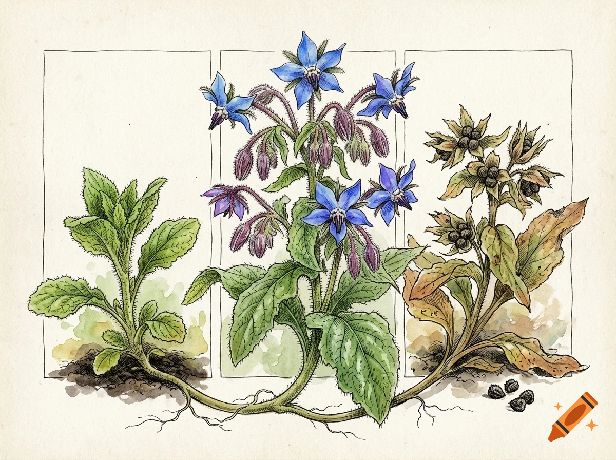 An illustrated botanical diagram showing the growth stages of a borage plant, including leaves, blue flowers, and seed pods.