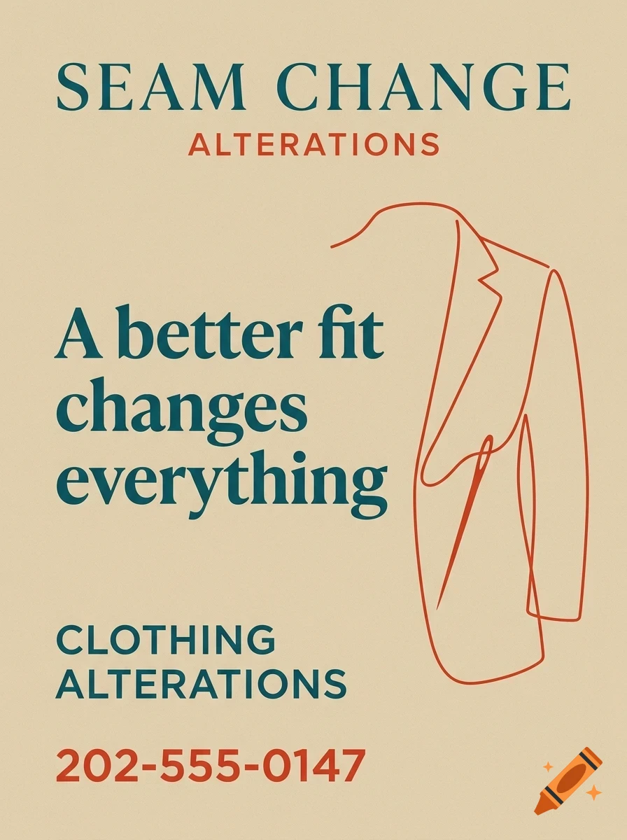 A poster for Seam Change Alterations featuring text and a line drawing of a jacket.