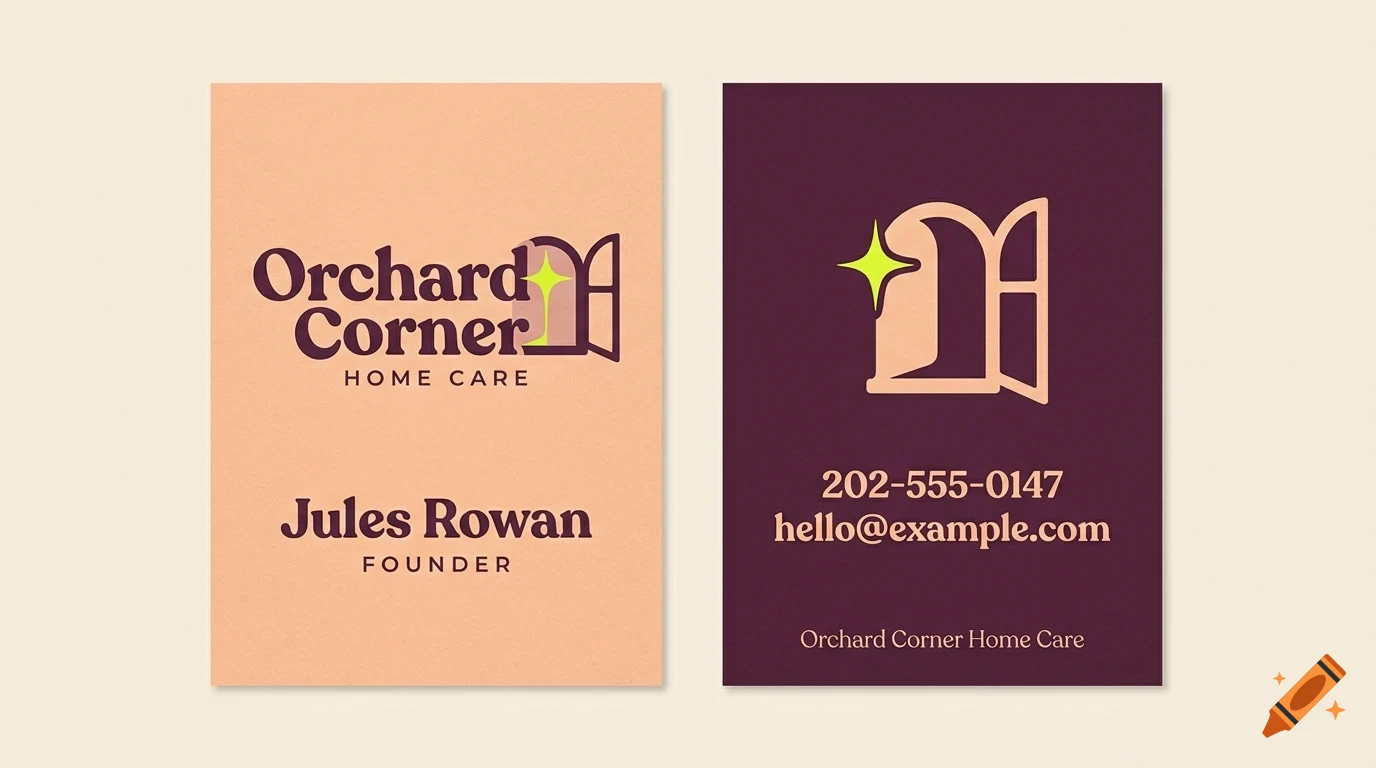 Two business cards with peach and dark purple designs featuring open window graphics and text reading Orchard Corner Home Care.