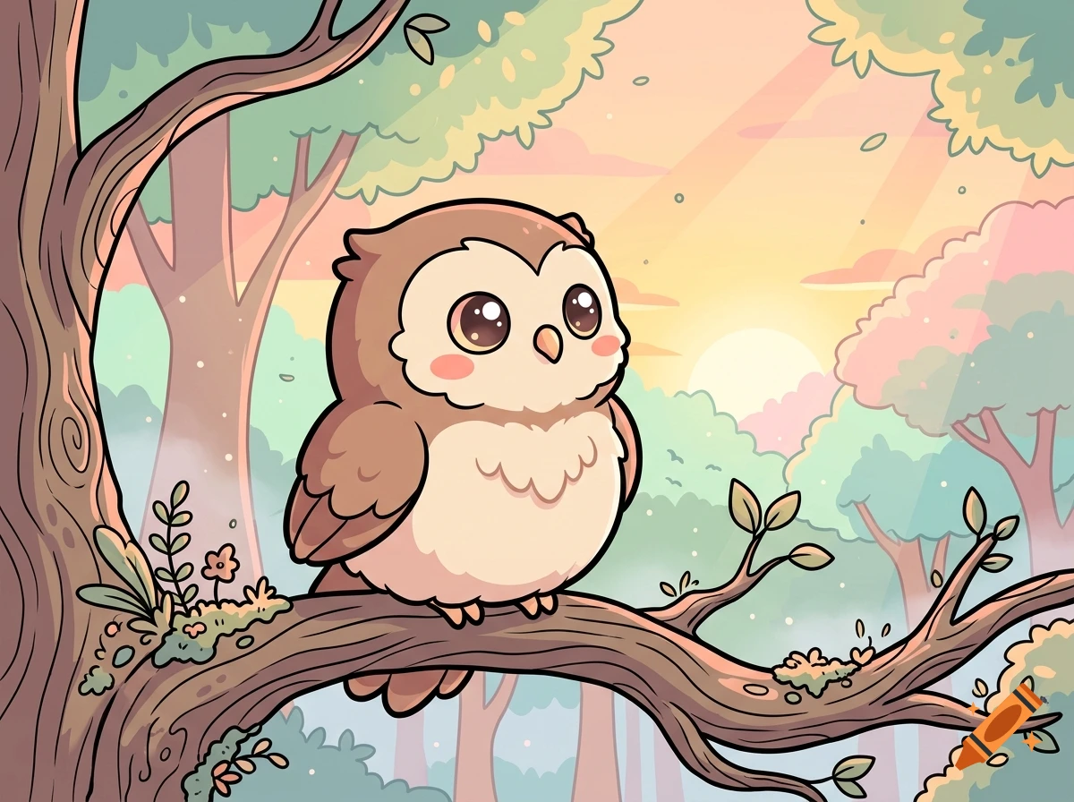 Cute chibi owl sitting on a tree branch during sunrise in a pastel forest, digital children's book illustration.