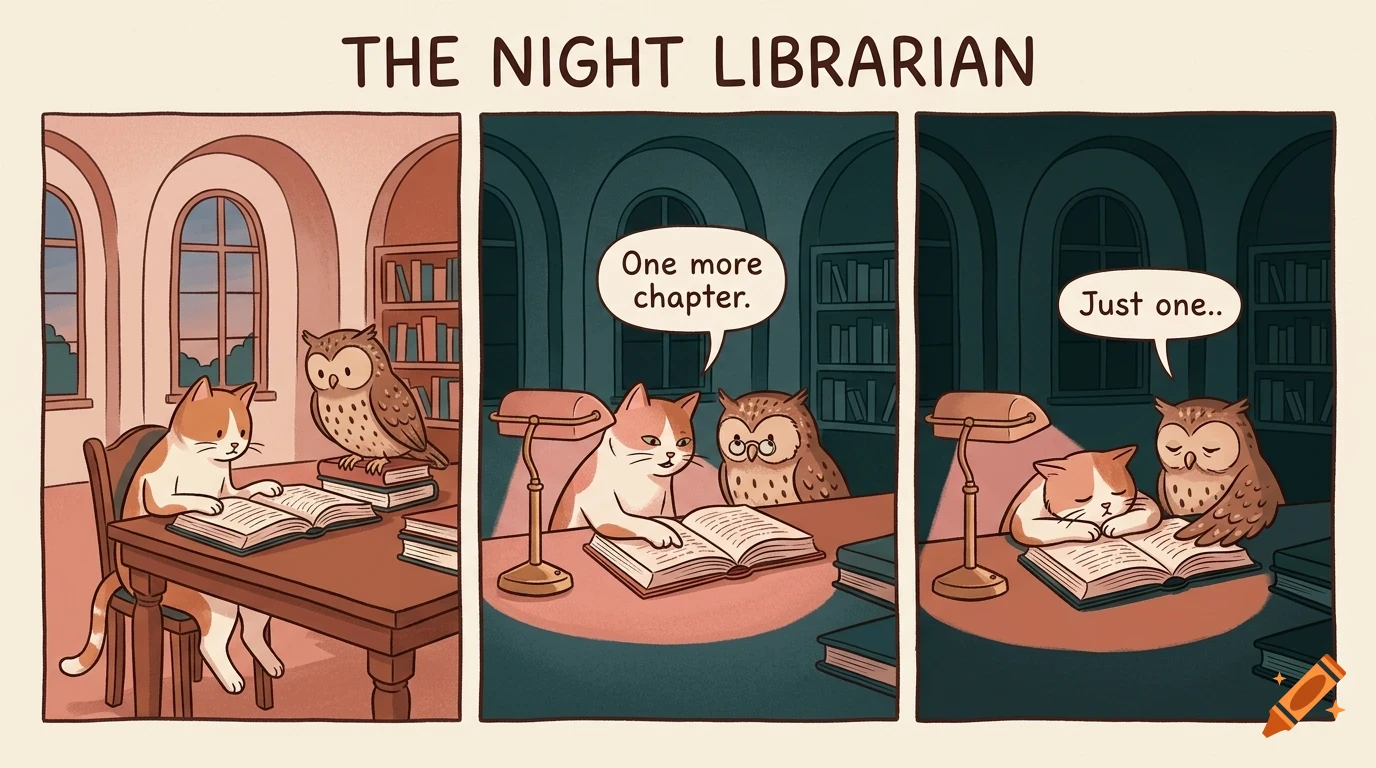 A three-panel comic strip titled The Night Librarian showing a cat and owl reading books in a library and eventually falling asleep.