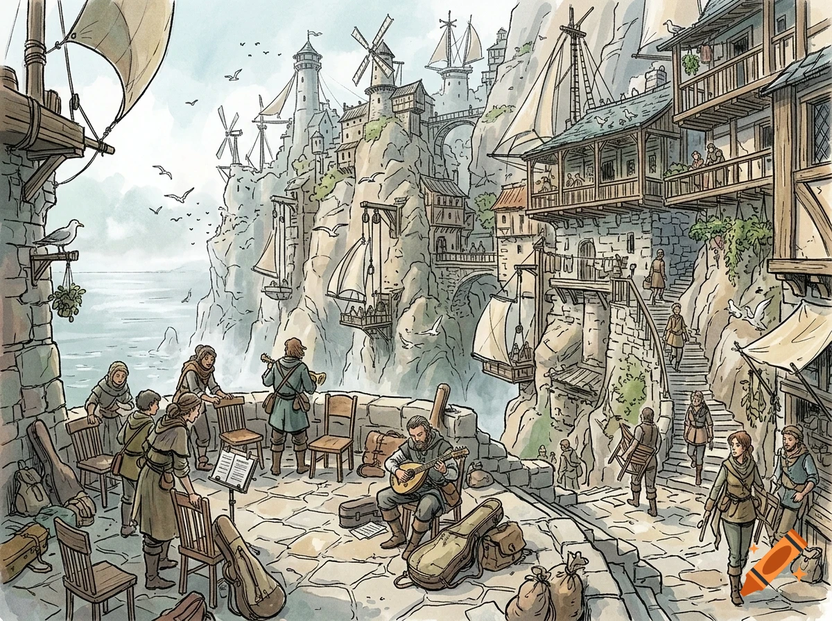 An ink and pencil illustration of musicians playing string instruments on a cliffside terrace in a coastal village with stone buildings.