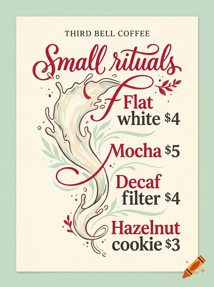 An illustrated menu for Third Bell Coffee featuring swirling coffee art and prices for drinks and snacks.