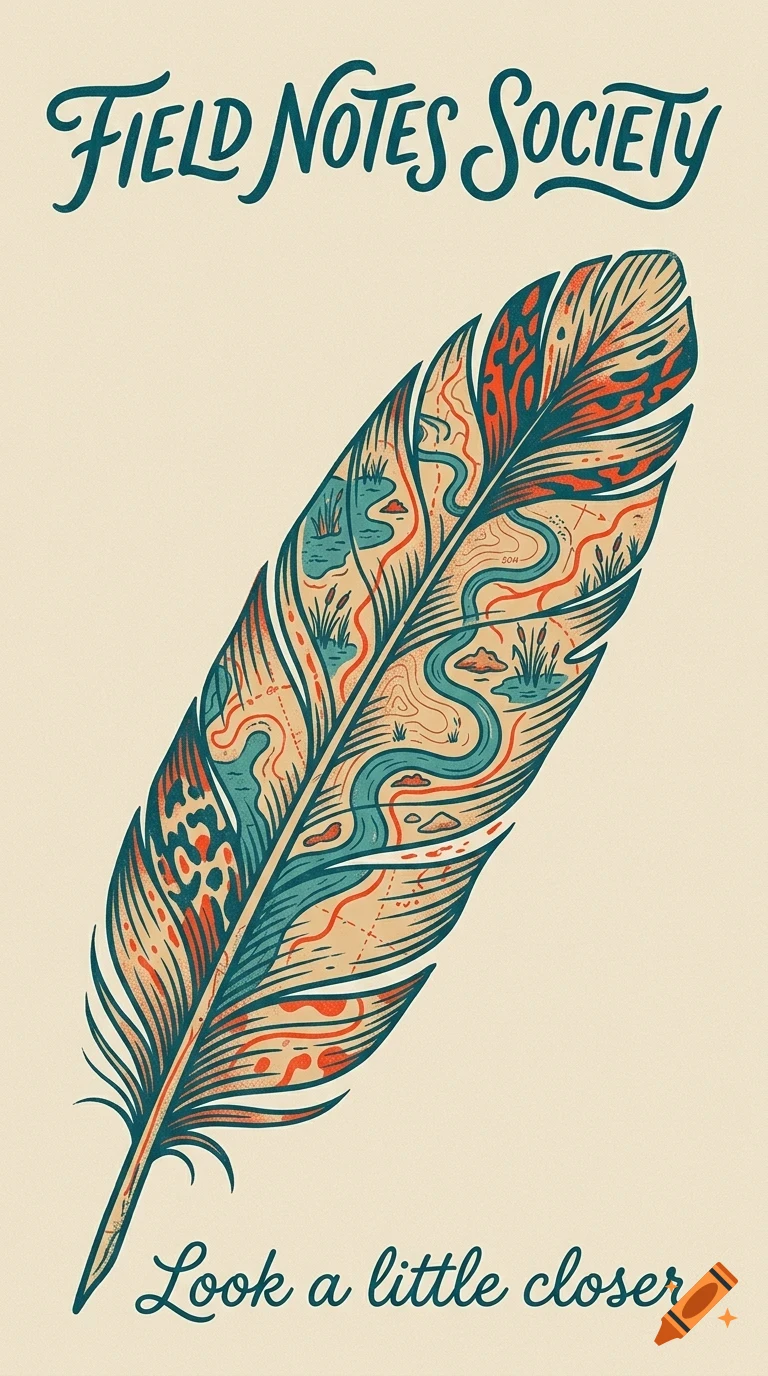 An illustration of a large feather containing a landscape map pattern, with the text 'FIELD NOTES SOCIETY' at the top and 'Look a little closer' at the bottom.