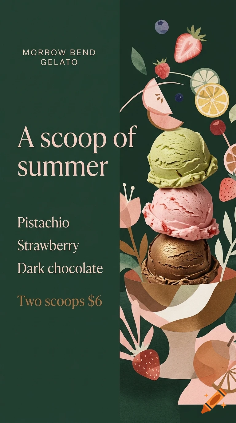 An illustrated poster for Morrow Bend Gelato featuring a stack of three gelato scoops in a bowl, surrounded by fruit illustrations and text reading A scoop of summer.