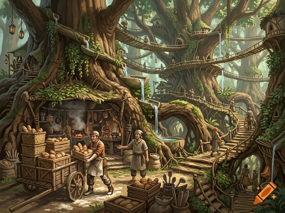 An illustrated fantasy village built inside massive ancient trees, featuring wooden walkways, staircases, a bustling bakery, and people going about their daily life.