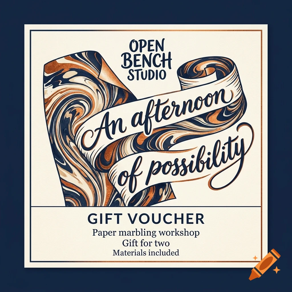 An illustrated gift voucher design for Open Bench Studio featuring marbled paper patterns and calligraphic lettering that reads An afternoon of possibility.