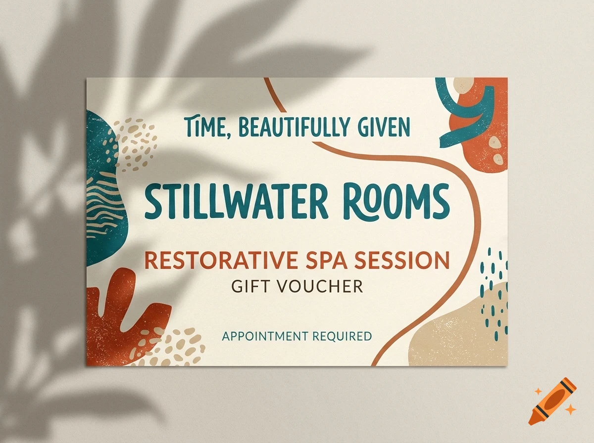 A promotional card for Stillwater Rooms featuring abstract shapes, teal and orange accents, and the text TIME, BEAUTIFULLY GIVEN.