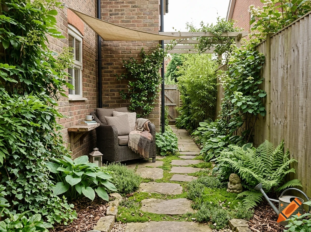 A narrow garden path with stone stepping stones, lush green plants, a wooden fence, and a cozy armchair under a shade sail.