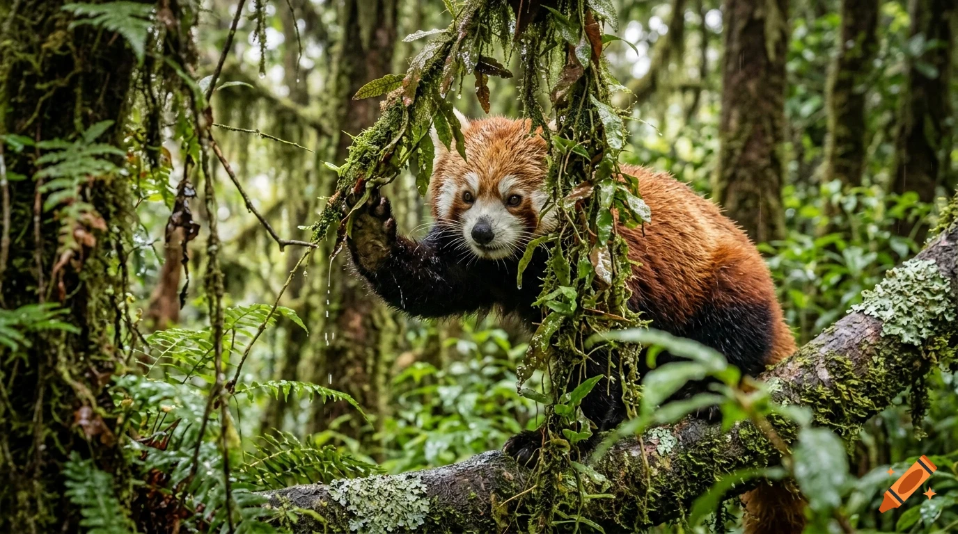 A red panda balancing on a moss-covered branch in a lush, dense forest.