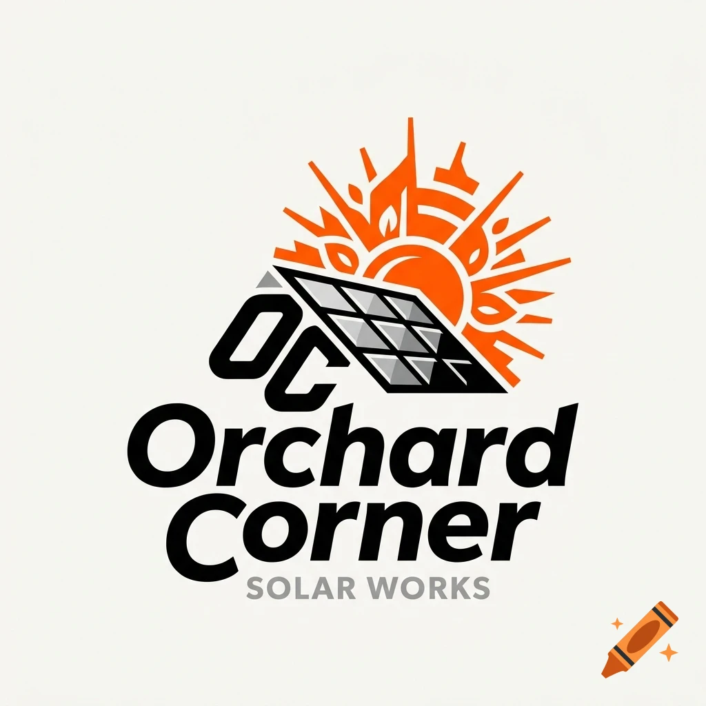 A logo design featuring an orange sun with leaf-like rays behind a solar panel, accompanied by the text OC Orchard Corner Solar Works.