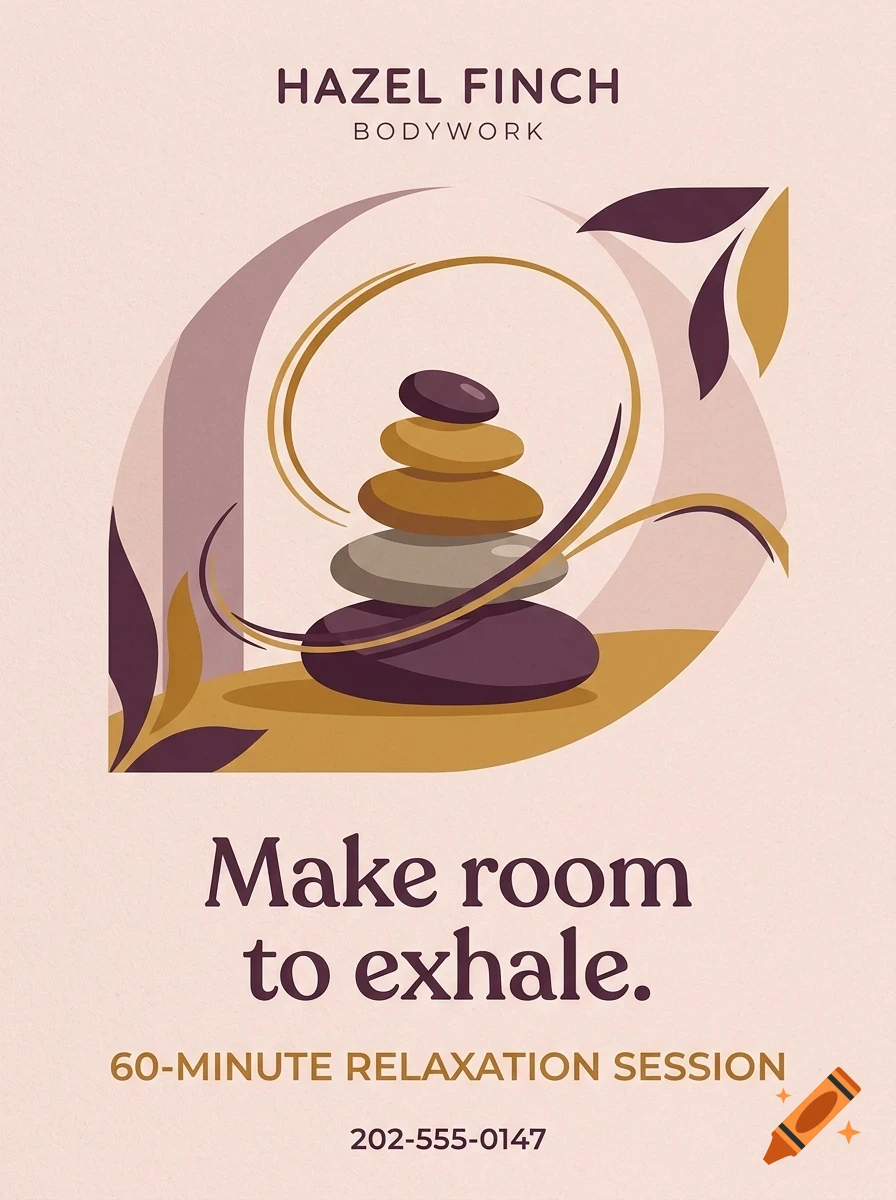 An advertisement for Hazel Finch Bodywork featuring stacked smooth stones, abstract shapes, and text reading Make room to exhale.
