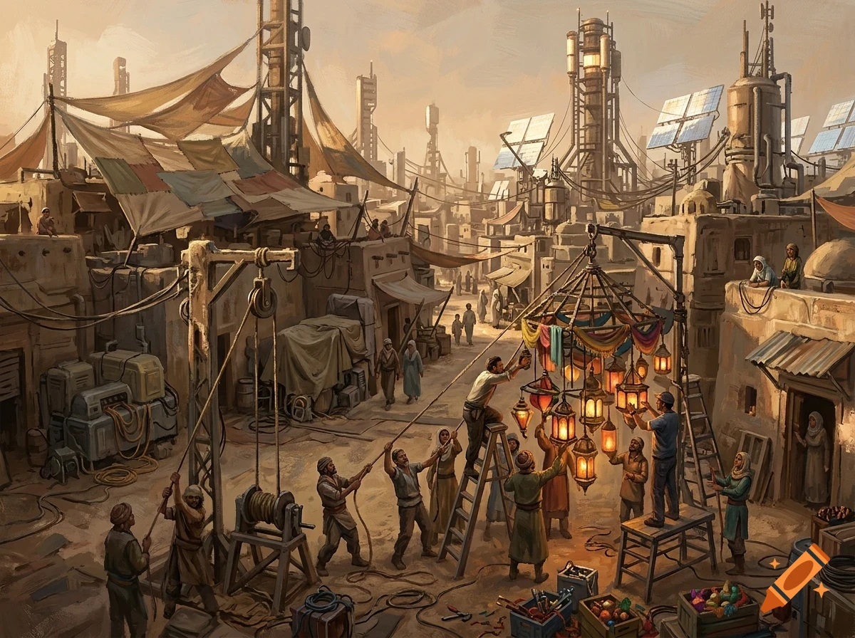 People working together in a bustling industrial city street, hanging lanterns and operating pulleys.