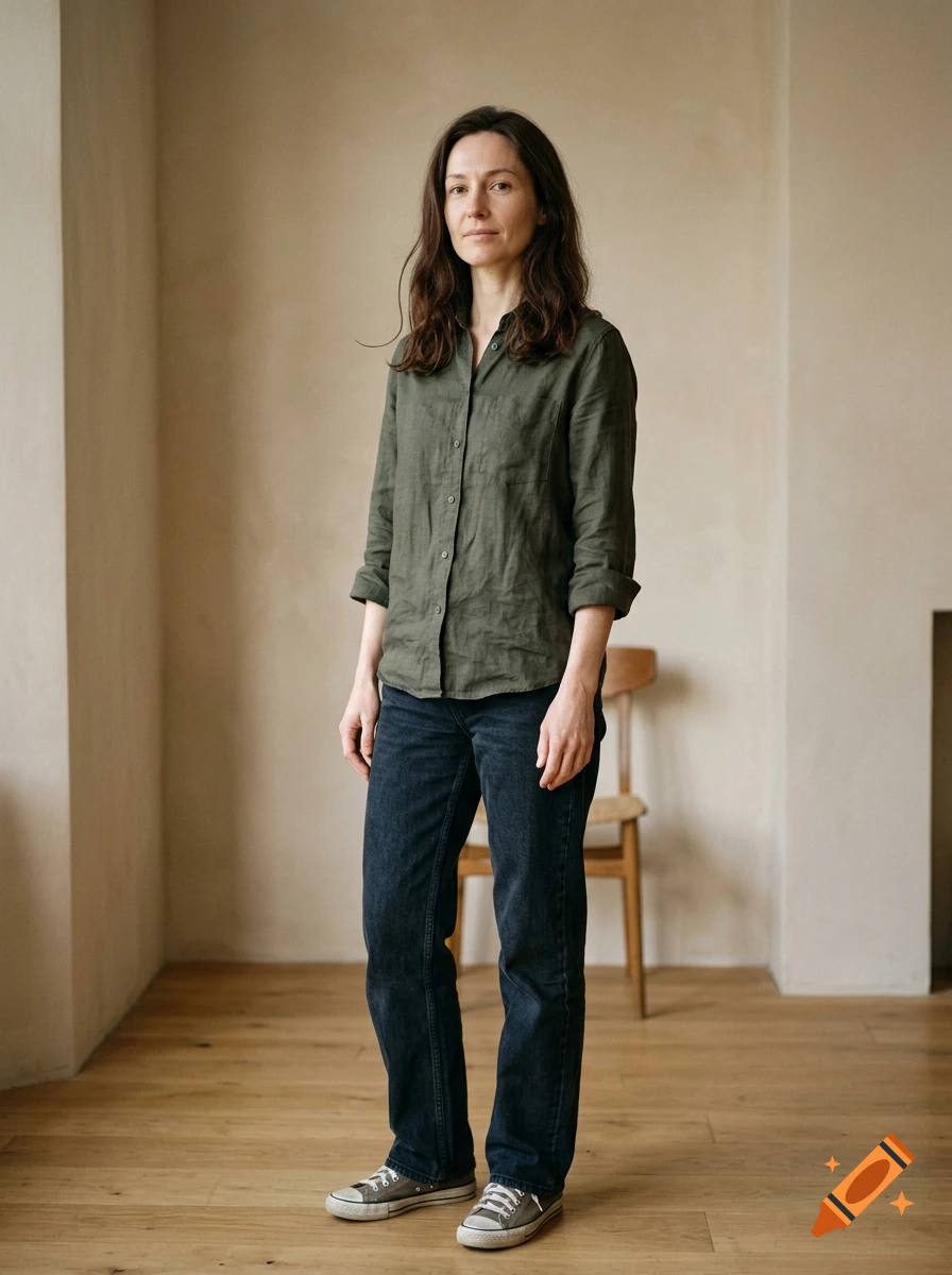 Full-body portrait of a woman with dark shoulder-length hair wearing a green linen shirt, dark jeans, and sneakers, standing indoors.