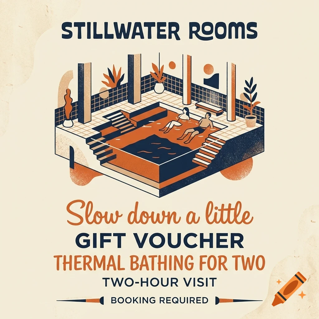 An illustration of a thermal bath interior with two people soaking, accompanied by the text 'Stillwater Rooms' and 'Slow down a little gift voucher'.