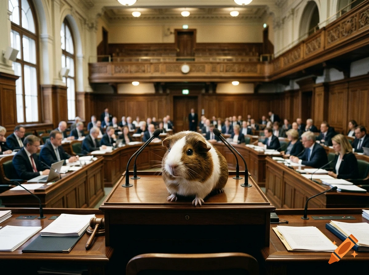 A photorealistic image of a guinea pig sitting on a podium in a wooden parliamentary courtroom.