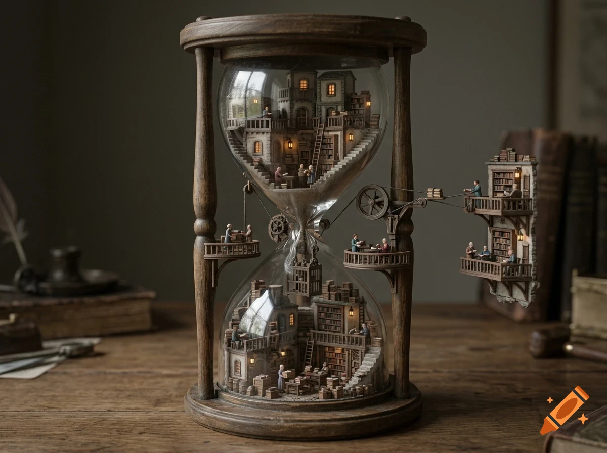 An intricate wooden hourglass filled with a miniature village and tiny figures engaged in various activities, resting on a wooden table.