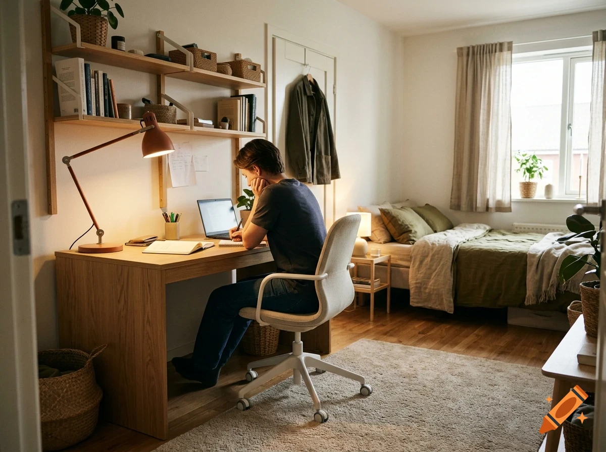A person sitting at a desk with a laptop in a cozy bedroom.