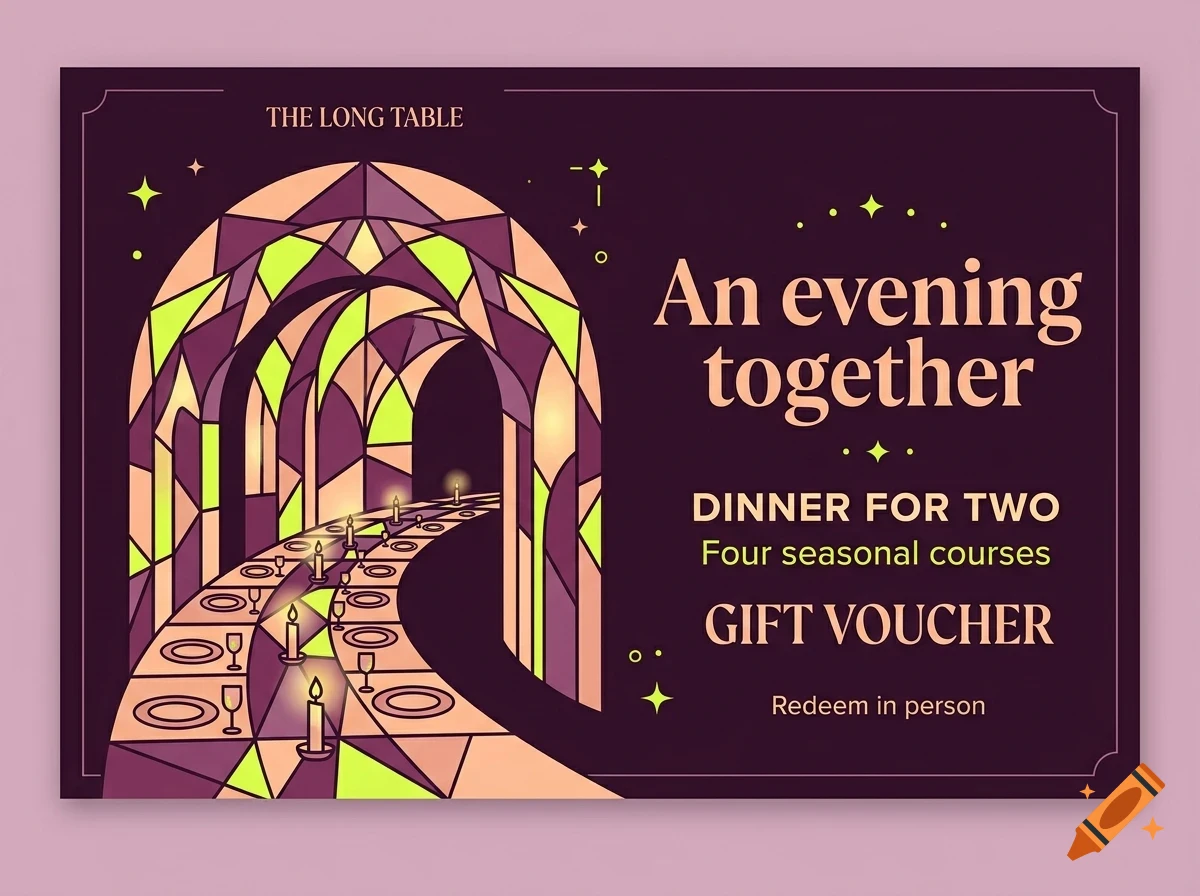 An illustration of a gift voucher featuring a long candlelit table under a stained-glass archway with the text An evening together.