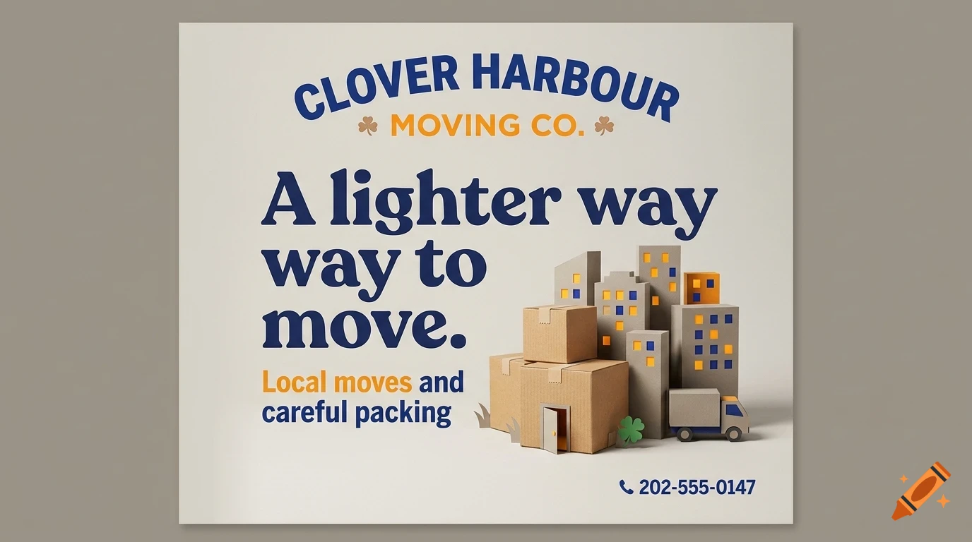 An advertisement for Clover Harbour Moving Co featuring text and a 3D papercraft model of cardboard boxes, buildings, and a small moving truck.