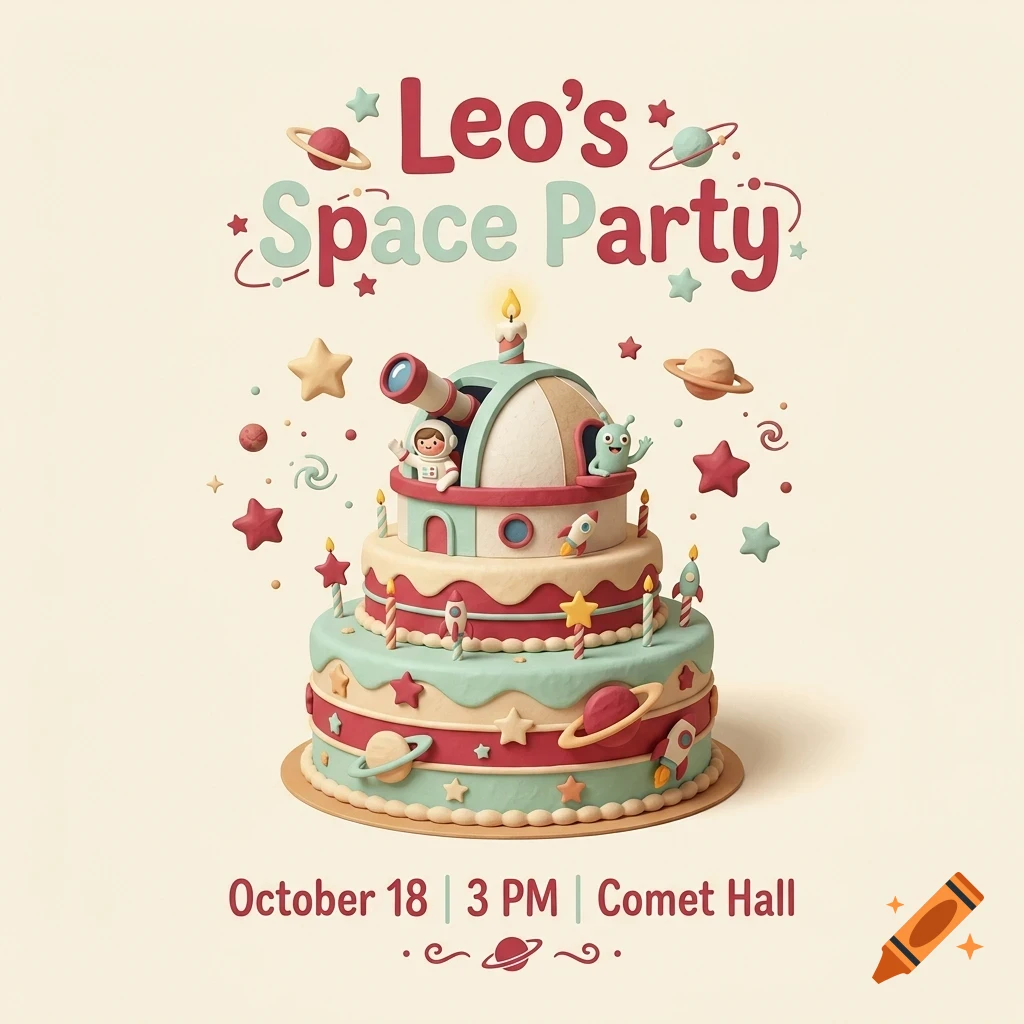 A multi-tiered space-themed birthday cake decorated with planets, stars, an astronaut, and an alien, featuring text that reads Leo's Space Party.