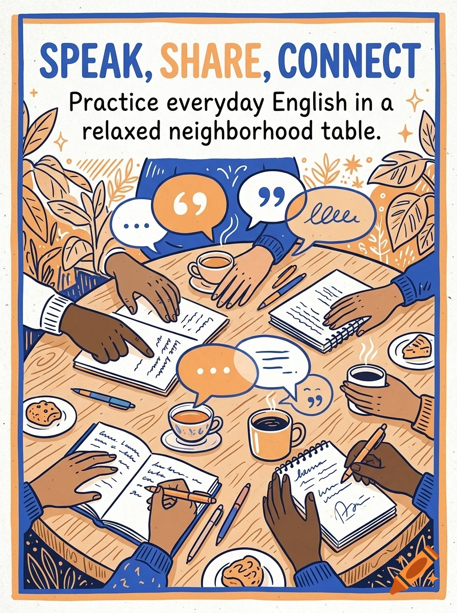An illustrated poster shows people sitting around a table with notebooks, pens, and coffee cups, surrounded by speech bubbles and leafy plants.
