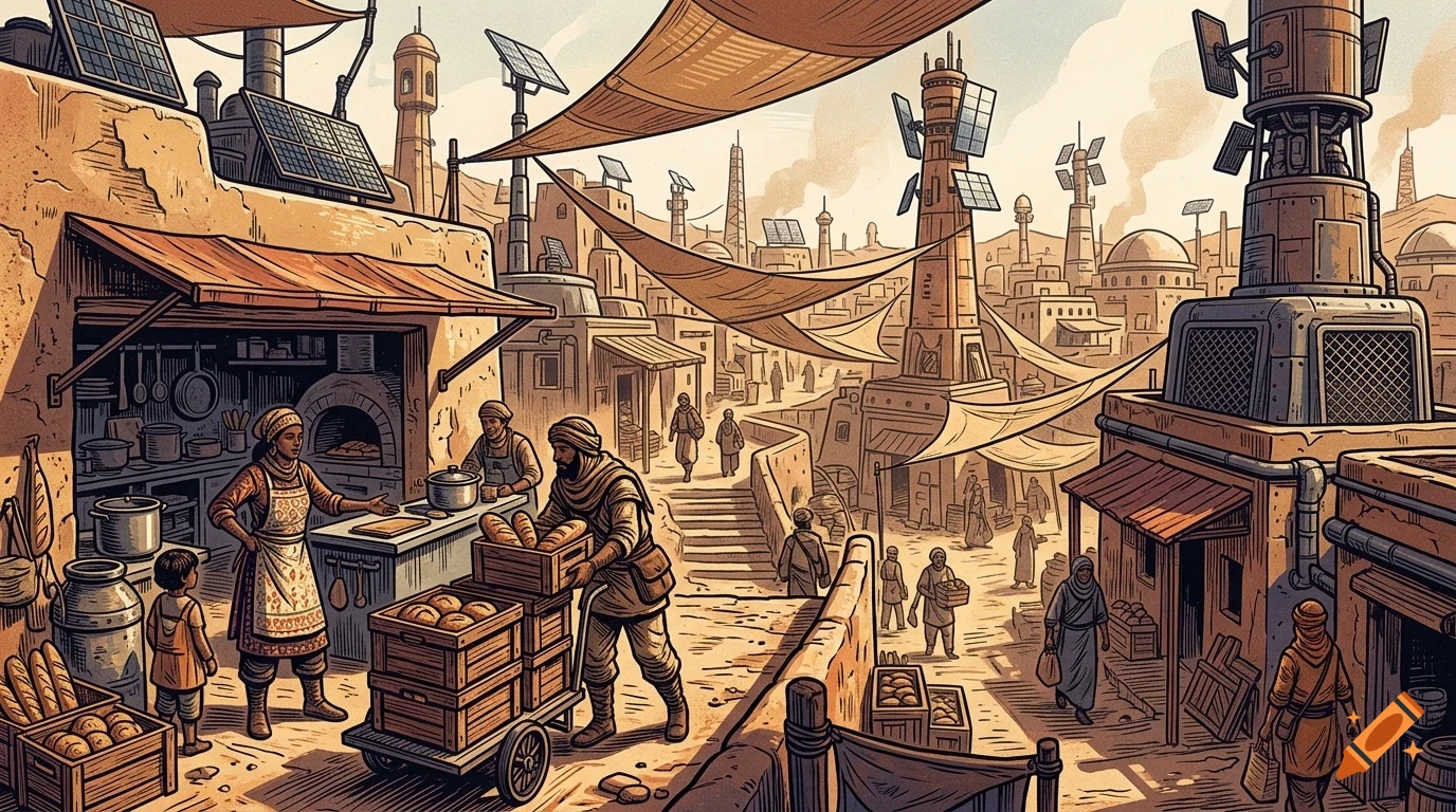 An illustrated scene of a bustling desert marketplace with vendors selling bread, futuristic solar towers, and people walking through the sandy streets.