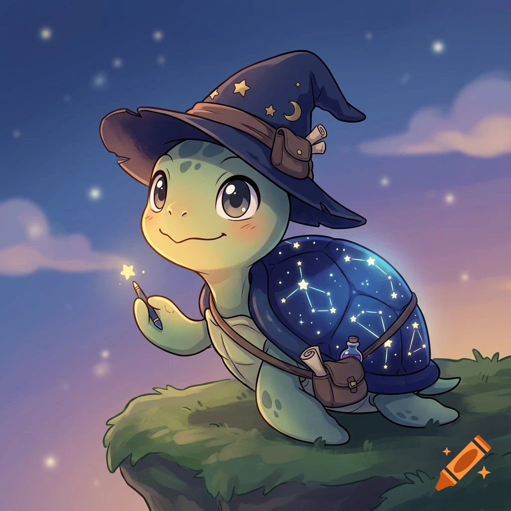 An illustration of a small turtle wearing a wizard hat and holding a magic wand, with a starry night sky background.