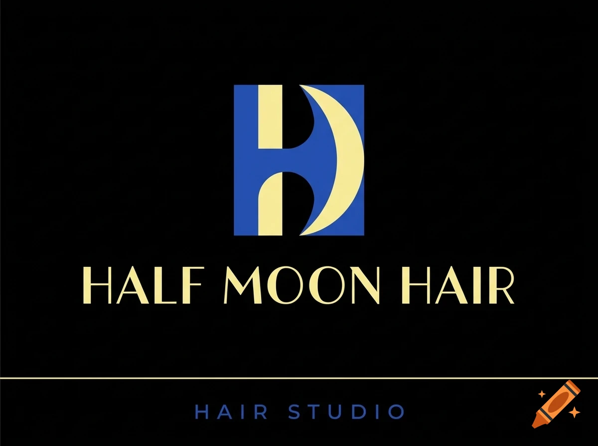 A logo for Half Moon Hair featuring a stylized letter H and a crescent moon against a black background.