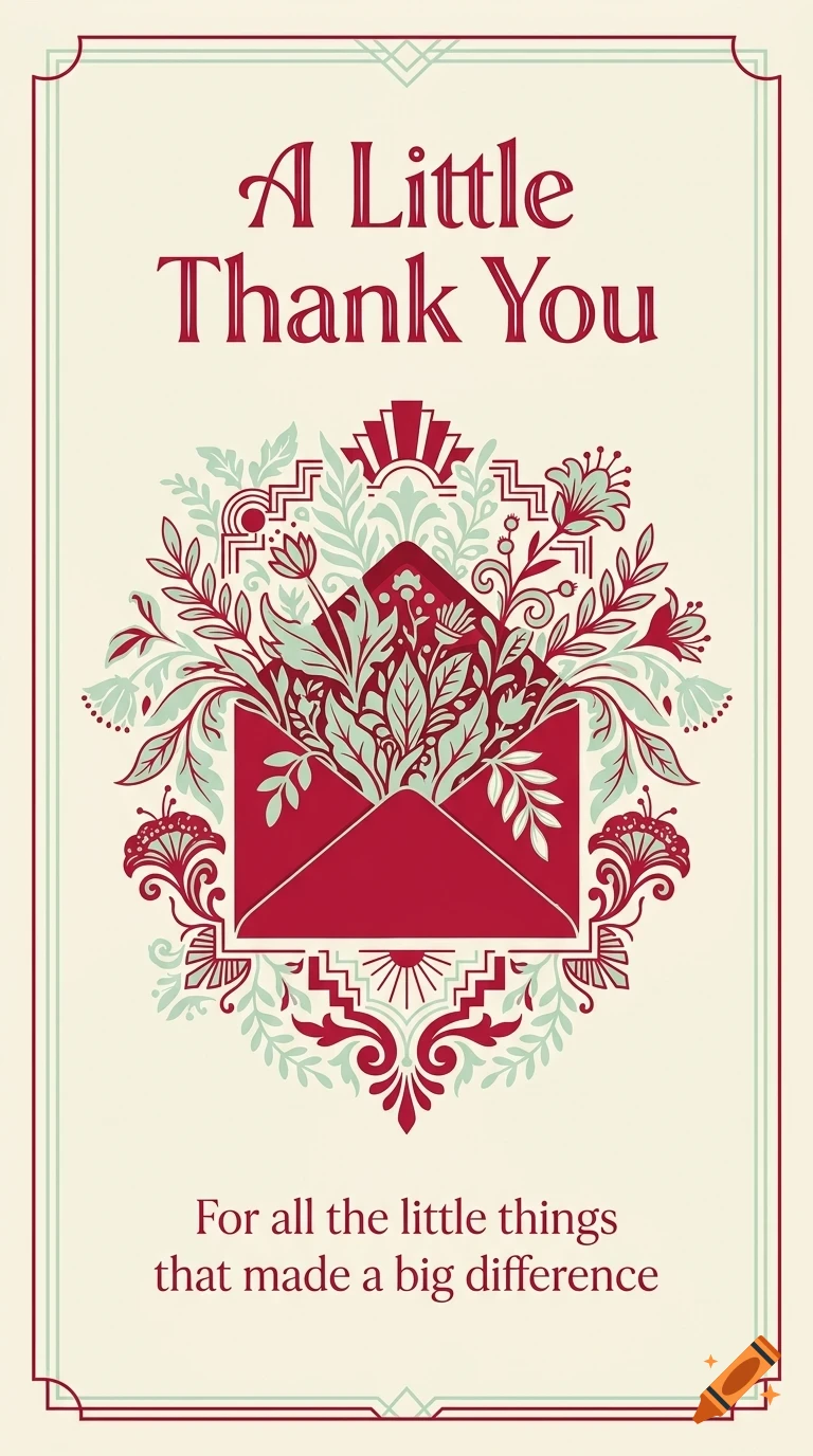 An Art Deco style thank you card featuring a red envelope overflowing with stylized flowers and botanical elements, with the text 'A Little Thank You' and 'For all the little things that made a big difference'.